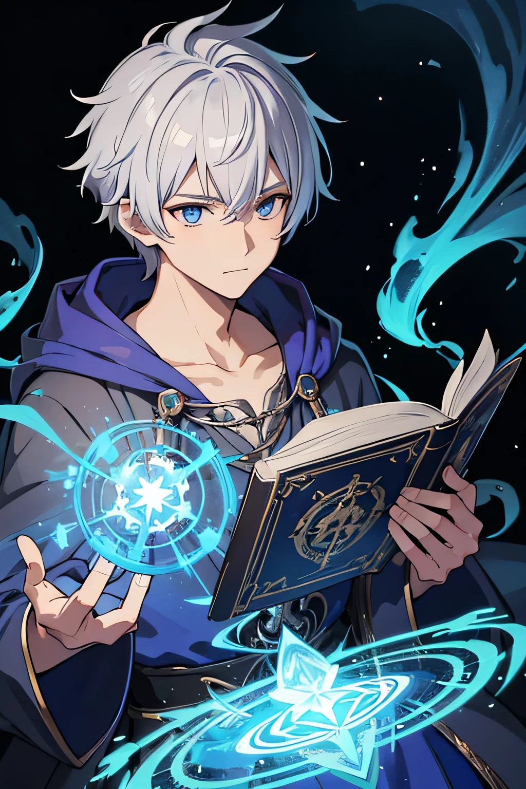 masterpiece, Highest quality, High resolution，Anime Style、Anatomically correct、Silver Hair、Short Hair、male、Wizard、Robe、magic、Blue flames fly around、Hold the spellbook in one hand、A blue flame floats on one hand、With an ancient castle in the background、Upper body only