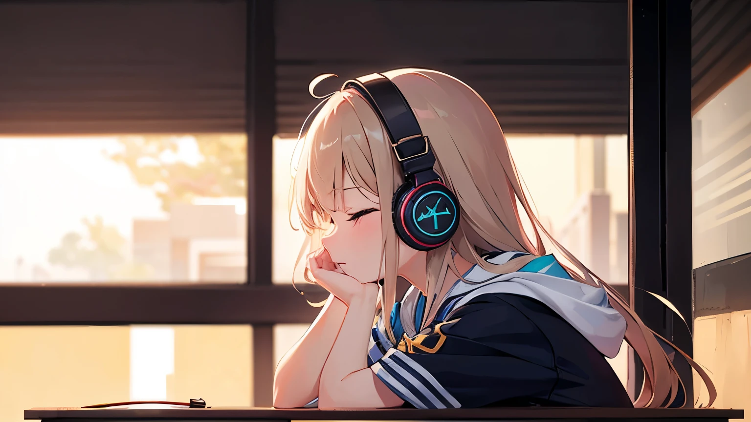 A  with her eyes closed, wearing headphones and covering her ears with both hands, in a school setting, shot from a side angle, focusing on the upper body