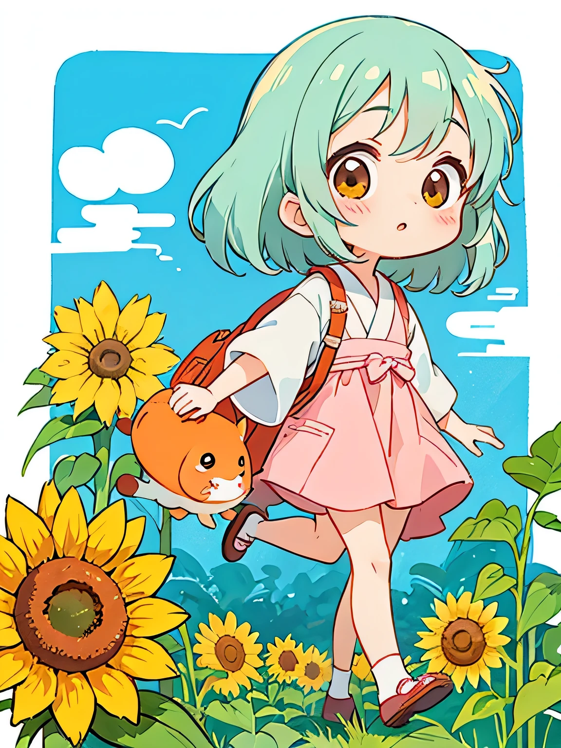 Hayao Mayazaki style, Kawaii Design, The most beautiful girl of all time、Chibi, walking, カラフルでかわいいダンゴムシ, sunflower