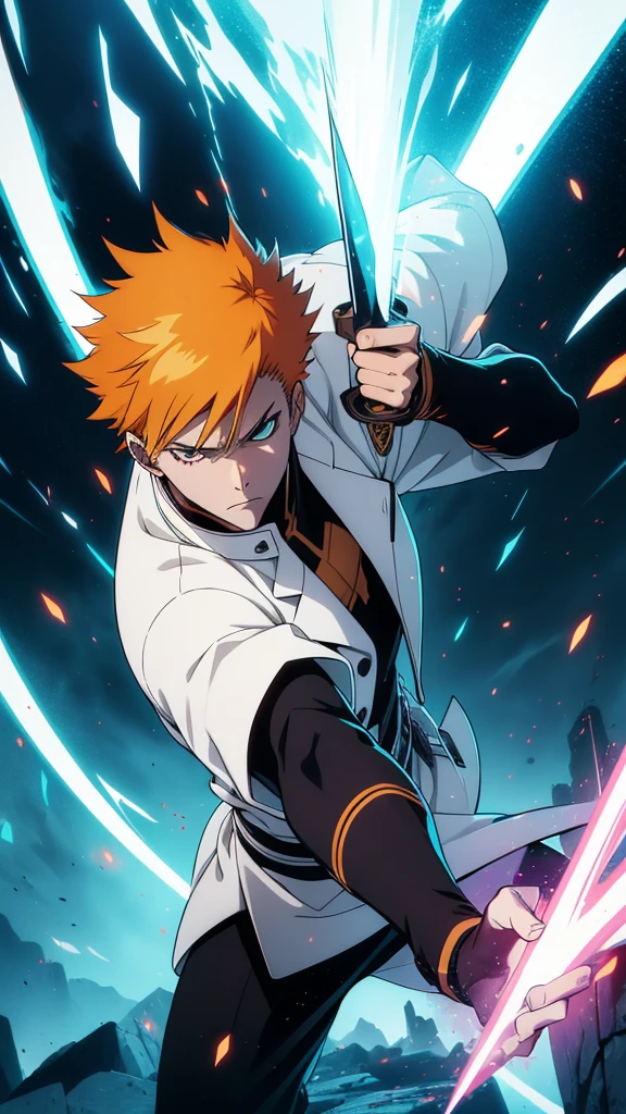 a young man with orange hair, confident expression, tall and strong, White coat, black handles, holding a giant sword radiating power, imminet attack, posture of fight, fighting costume, bleach style, best anime character design, animes style, Boy from anime manga, Shonen, Epic anime style, cinematic lighthing, Epic composition, face detailed, detailedeyes, extremely detaild.