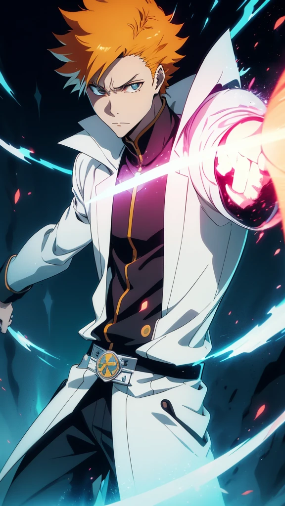 a young man with orange hair, confident expression, tall and strong, White coat, black handles, holding a giant sword radiating power, imminet attack, posture of fight, fighting costume, bleach style, best anime character design, animes style, Boy from anime manga, Shonen, Epic anime style, cinematic lighthing, Epic composition, face detailed, detailedeyes, extremely detaild.