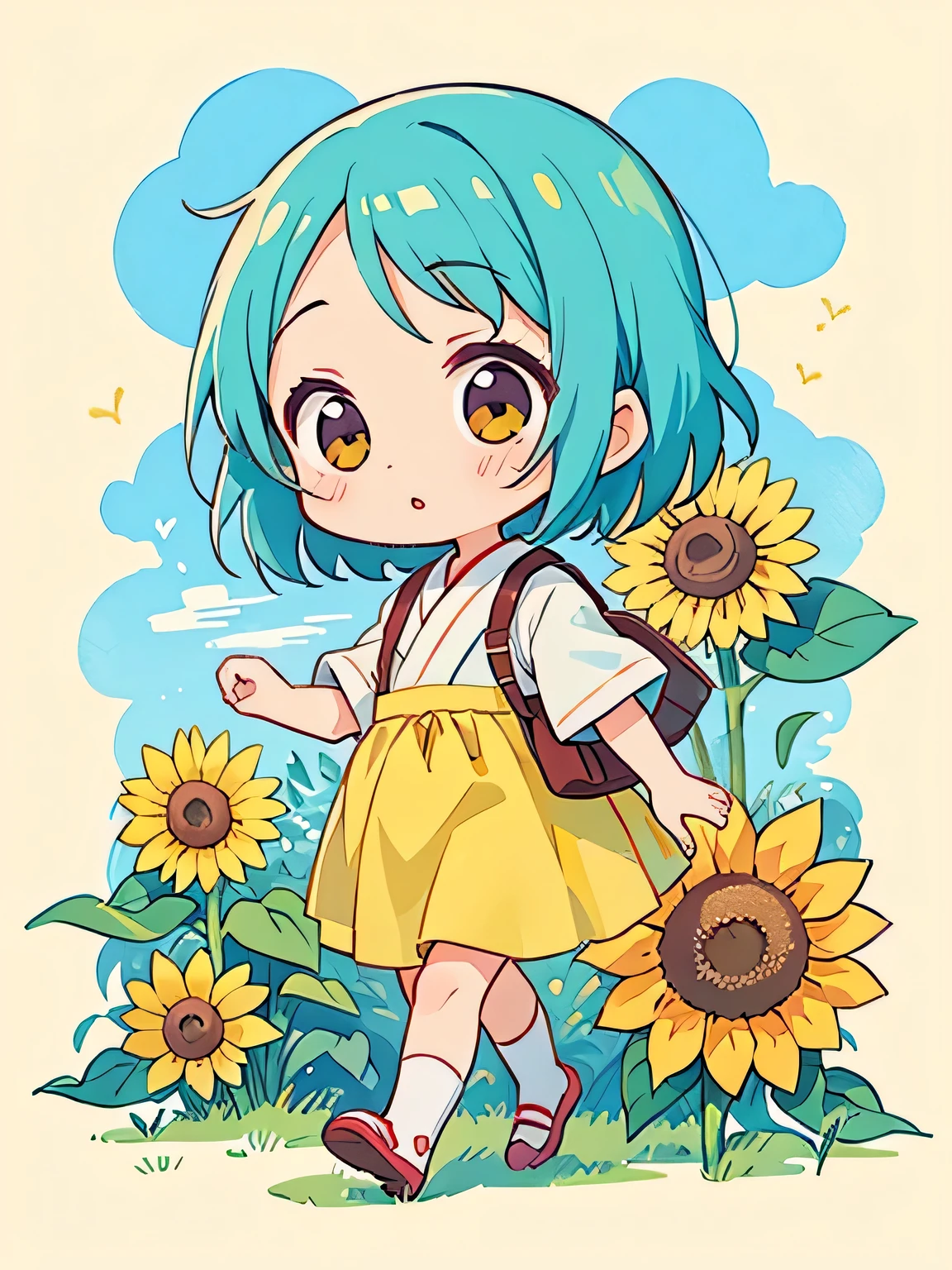 Hayao Mayazaki style, Kawaii Design, The most beautiful girl of all time、Chibi, walking, カラフルでかわいいダンゴムシ, sunflower