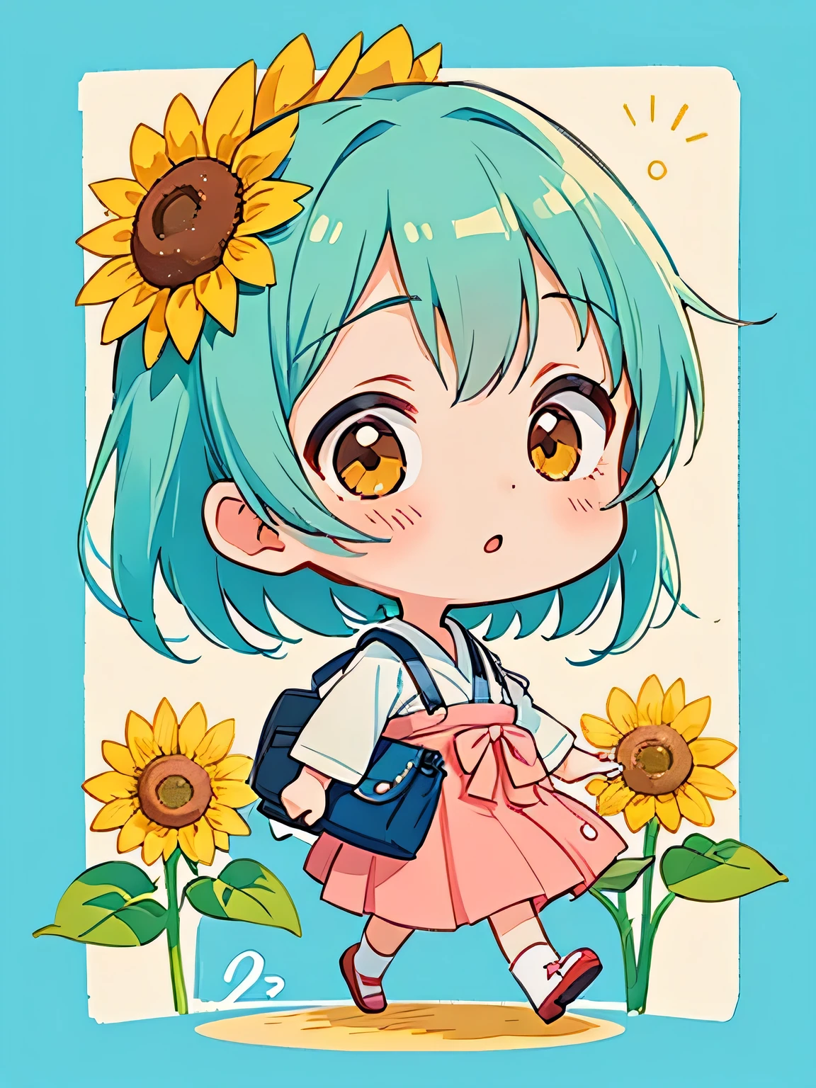 Hayao Mayazaki style, Kawaii Design, The most beautiful girl of all time、Chibi, walking, カラフルでかわいいダンゴムシ, sunflower