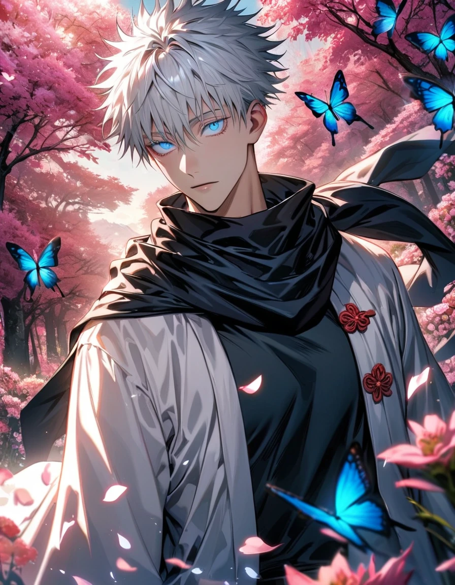 Ultra detailed, highres, absurdres, HDR, Gojou Satoru, white hair with bangs, blue eyes, black scarf, black tight shirt, white haori, Jujutsu Kaisen, handsome, 1 man only, pink forest, butterflies, flowers, petals,