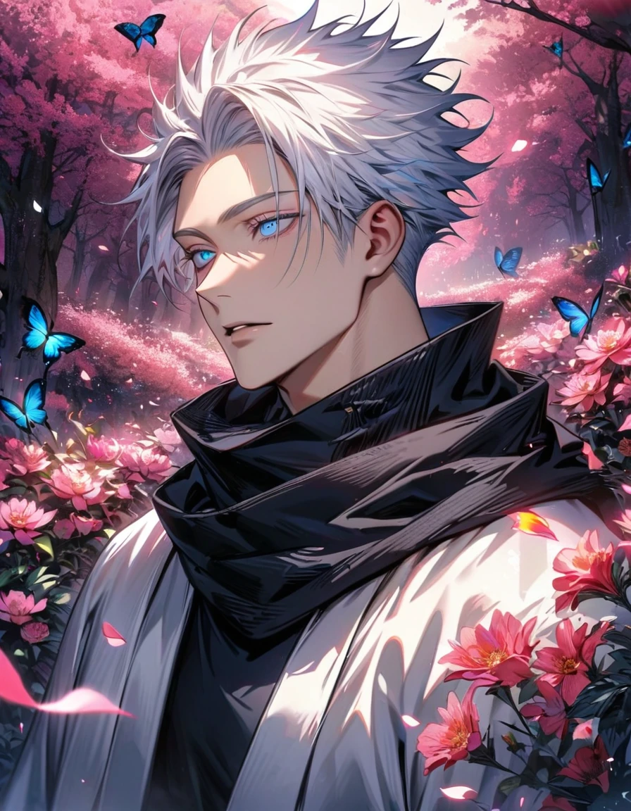 Ultra detailed, highres, absurdres, HDR, Gojou Satoru, white hair with bangs, blue eyes, black scarf, black tight shirt, white haori, Jujutsu Kaisen, handsome, 1 man only, pink forest, butterflies, flowers, petals,