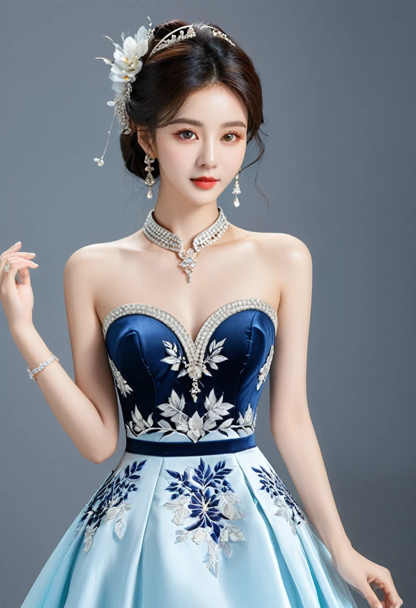 Realistic photo style, whole body 사진에 아름다운 아시아 소녀가 등장합니다., Wearing a unique ethnic style evening gown with delicate skin., bright and lively eyes, Thick eyelashes that look especially attractive. Long dresses are slim and elegant., Eye-catching silver jewelry and alcohol. The high-collar design adds an elegant atmosphere., Color of blue and white porcelain. using light and shadow, The vivid and harmonious appearance of the protagonist is highlighted... whole body, (masterpiece, best quality, professional, perfect composition, very aesthetic, absurd, very detailed, intricate details:1.3)