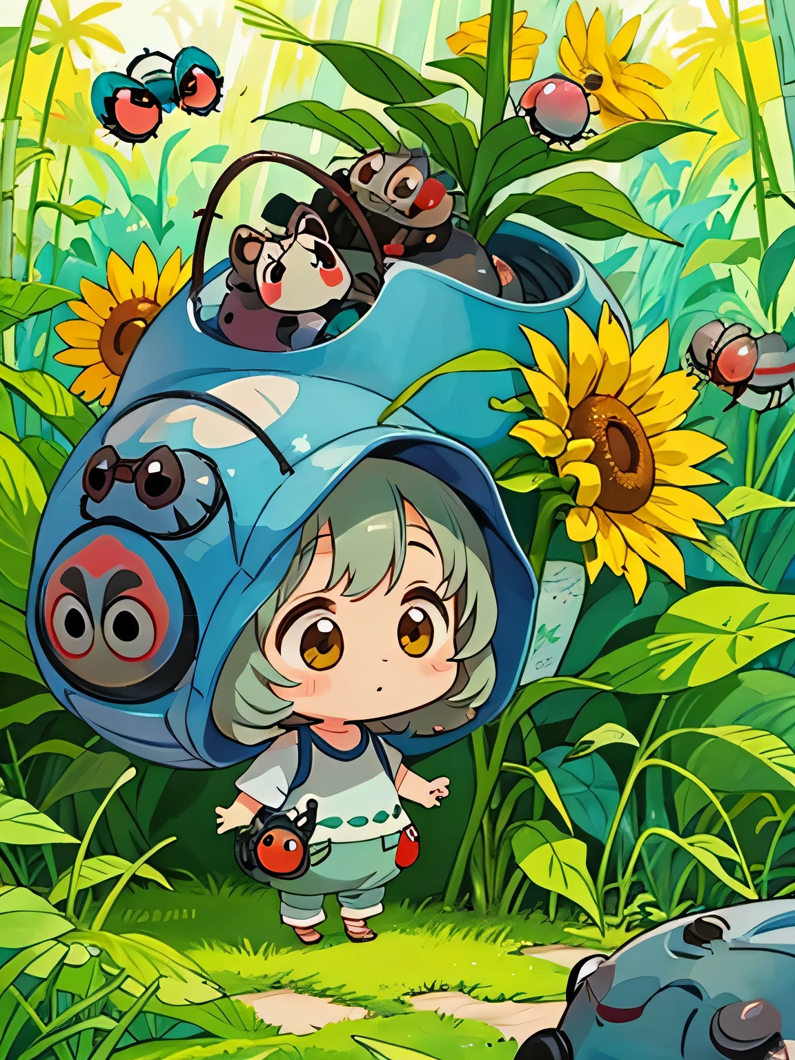 Hayao Mayazaki style, Kawaii Design, The most beautiful girl of all time、chibi, walking, sunflower, (((Colorful and cute pillbugs))), Totoro Forest