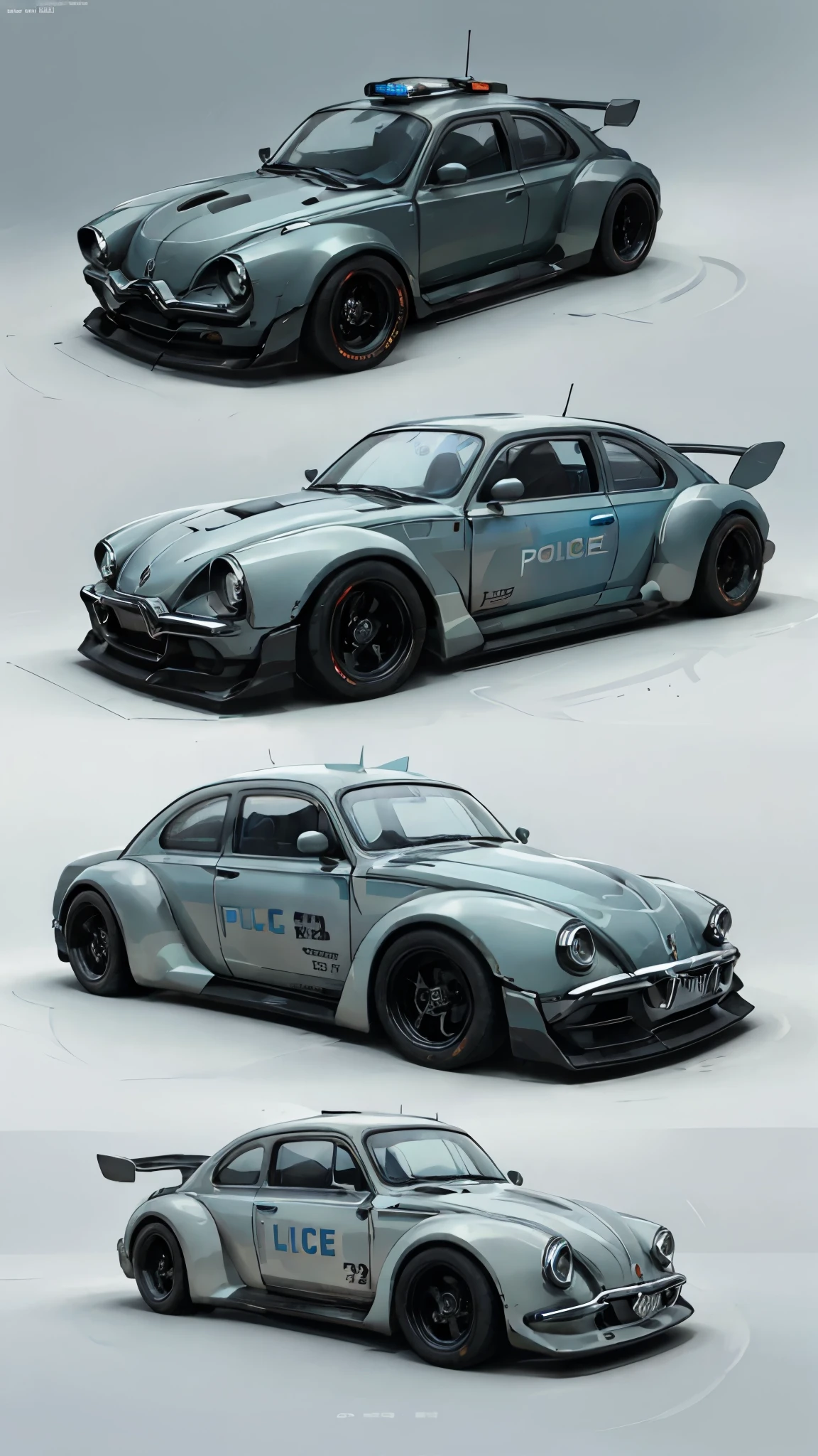Futuristic police car based on the Volkswagen Beetle、Angle taken from diagonally ahead、policewoman、Black Hair、Moderate bust、24-years-old、Woman standing in front of police car