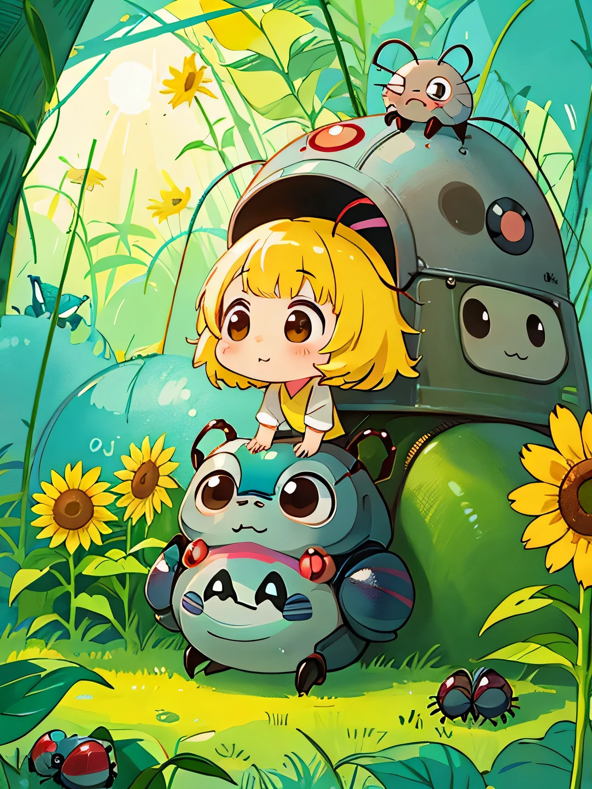 Hayao Mayazaki style, Kawaii Design, The most beautiful girl of all time、chibi, walking, sunflower, (((Colorful and cute pillbugs))), Totoro Forest