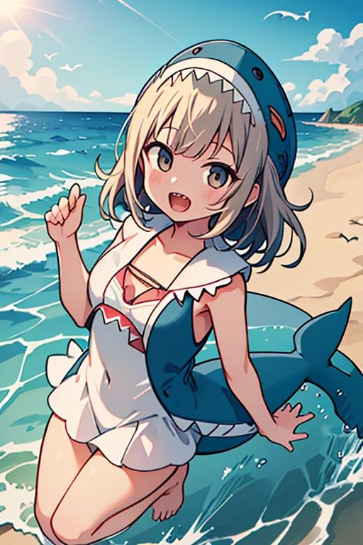 (Chiaki), uhd, high quality, high details, 1 Girl, solo, (Shark costume:1.4), Seaside, Sandy Beach, Wave, sun, Jump, smile, Waveしぶき, Light tones, Reflection of light, summer