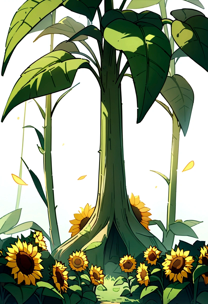 (Sunflowers), yellow, 4 plants planted on the ground, with real plant structure, best quality, bright, light and translucent petals, (pure white background), game style, best quality, masterpiece