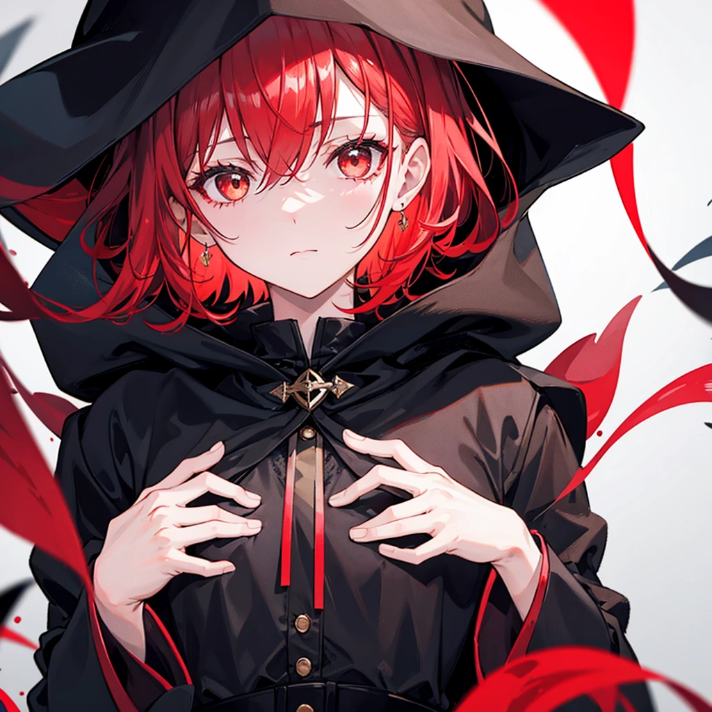 girl in a black cloak , indifference , Red colors , close-up , looking into the camera