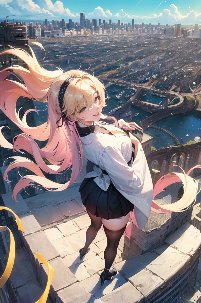 Official Art, masterpiece, Clear focus, (beautiful, Beautiful and cute Korean woman:1.3), (Beautiful and cute Korean:1.3), Korean beauty, 精致beautiful头发、Eyes and face, actual, Super detailed, beautiful女孩, Blue sky, Glowing white particles, (Side Light:1.2), Sunlight, White Cloud, Detailed clouds, Slim, Such a cute big ass, Smile with teeth bared, ((Smile with your eyes, Open your eyes)), landscape, Long straight hair, sexy facial expression, architecture, (city View:1.7), Dynamic Hair, very Long straight hair, Delicate blonde hair, Green Eyes, Pink skirt, Black socks, Pale skin, Hair accessories, epic landscape,,Black high heels,Nice ass,beautiful buttocks,There's nothing under the skirt.,weight loss