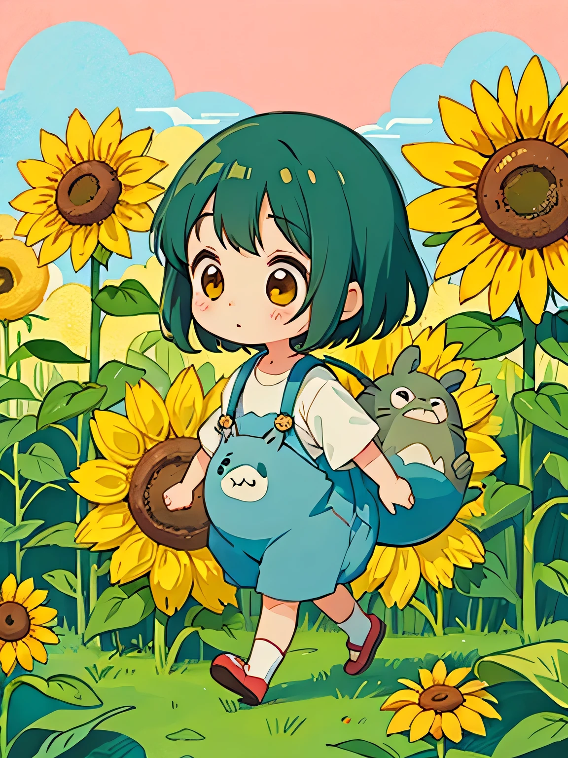 Hayao Mayazaki style, Kawaii Design, The most beautiful girl of all time、Chibi, walking, sunflower, totoro,