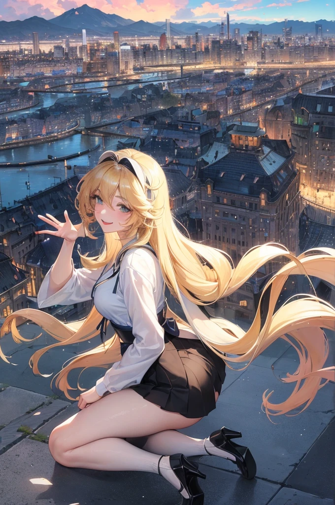 Official Art, masterpiece, Clear focus, (beautiful, Beautiful and cute Korean woman:1.3), (Beautiful and cute Korean:1.3), Korean beauty, 精致beautiful头发、Eyes and face, actual, Super detailed, beautiful女孩, Blue sky, Glowing white particles, (Side Light:1.2), Sunlight, White Cloud, Detailed clouds, Slim, Such a cute big ass, Smile with teeth bared, ((Smile with your eyes, Open your eyes)), landscape, Long straight hair, sexy facial expression, architecture, (city View:1.7), Dynamic Hair, very Long straight hair, Delicate blonde hair, Green Eyes, Pink skirt, Black socks, Pale skin, Hair accessories, epic landscape,,Black high heels,Nice ass,beautiful buttocks,There's nothing under the skirt.,weight loss