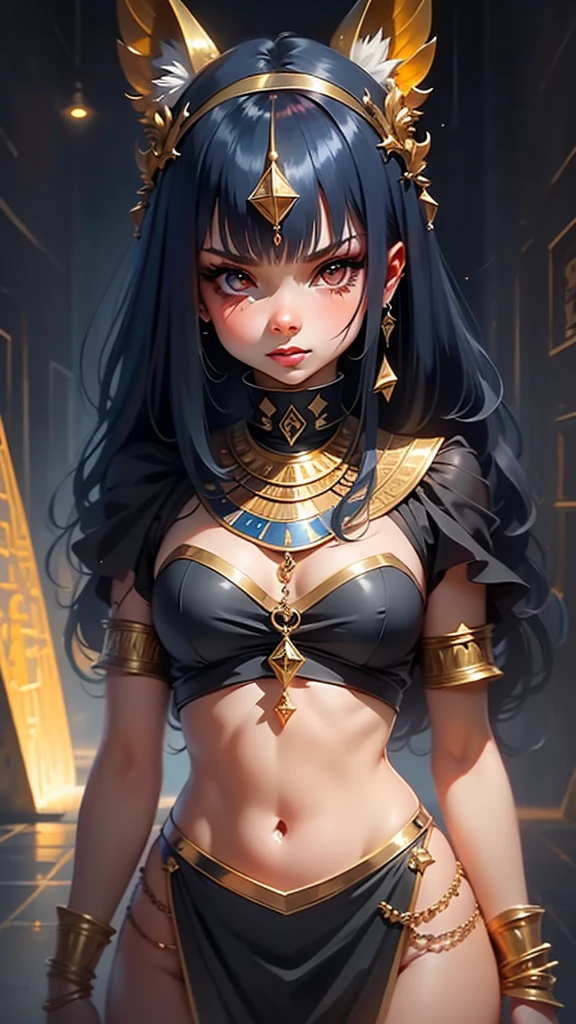 vibrant colors, 1 girl, masterpiece, sharp focus, best quality, depth of field, cinematic lighting, detailed outfit, anubis girl, anubis ears, red eyes, dark skin, cute, smile, medium black hair, egyptian outfit, golden egyptian jewelry, desert, pyramid, 