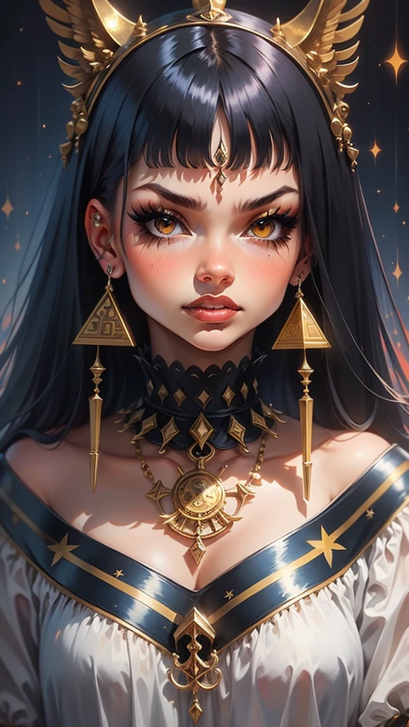 vibrant colors, 1 girl, masterpiece, sharp focus, best quality, depth of field, cinematic lighting, detailed outfit, anubis girl, anubis ears, red eyes, dark skin, cute, smile, medium black hair, egyptian outfit, golden egyptian jewelry, desert, pyramid,