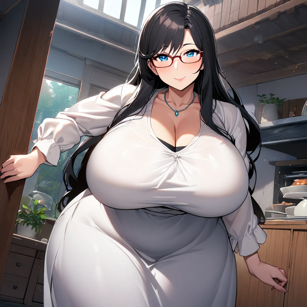 1girl,solo,Mature Woman,Females in heat,Black Hair,long hair,light blue eyes color,Glasses,white dress,mother,gentle,kind face,Super huge breasts,fat,Big thighs,looking at viewer,necklace,standing up,near,house,in room