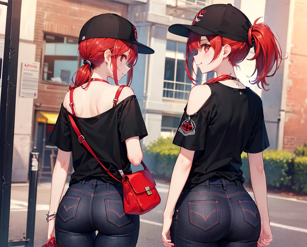 (Close-up:1.3),Realistic,Highest quality, Ultra Detail, High-quality CG rendering, The most delicate and beautiful, Floating softly, High resolution, (1 girl), (Highest quality,4K,8K,masterpiece:1.2),(All red hair:1.5), (ponytail:1.5),(Red eyes:1.5),(Slightly larger breasts:1.2 (All black T-shirt:1.3),(Black skinny jeans:1.3),(Black baseball cap:1.3),In the city,old buildings,(Turn your back to your audience:1.3),Butt,Are standing,(Small shoulder bag:1.3),smile