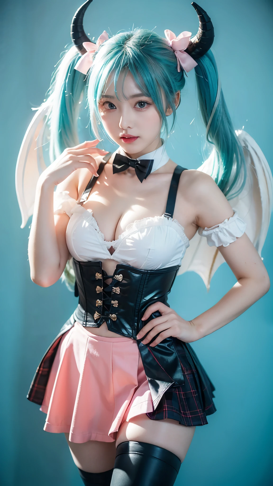 hatsune miku cosplay costume, hatsune miku, cosplay, aqua hair, very long hair, twintails, shirt, corset, skirt, plaid skirt, detached collar, detached sleeves, arm warmers, bowtie, bow, horns, demon horns, demon wings, demon tail, ribbon, o-ring, chain, thigh strap, hair ribbon, hair bow, thighhighs, torn thighhighs, knee boots, belt boots, platform boots, ((knee shot)),(masterpiece、best quality、high resolution),((Practical)),(Colored background),(Splash of Color),Sweet girl,Light Blue和白色的长发,(Light Blue, Pink Hair),curls,shining,((Visible cleavage)), ((Type I Valley)), ((E cup)), Red and pink lips,Large cracks,Splash of Color,Volumetric Lighting,Full breasts, Elegant Posture, Sexy slender legs