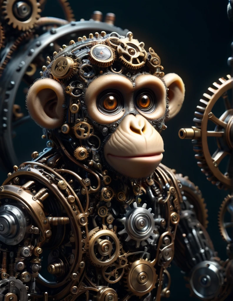 a detailed, intricate, mechanized monkey, cinematic lighting, dark moody atmosphere, gears, steampunk, highly detailed, 8k, photorealistic, sharp focus, award winning digital art, (ral-dshwshsop)