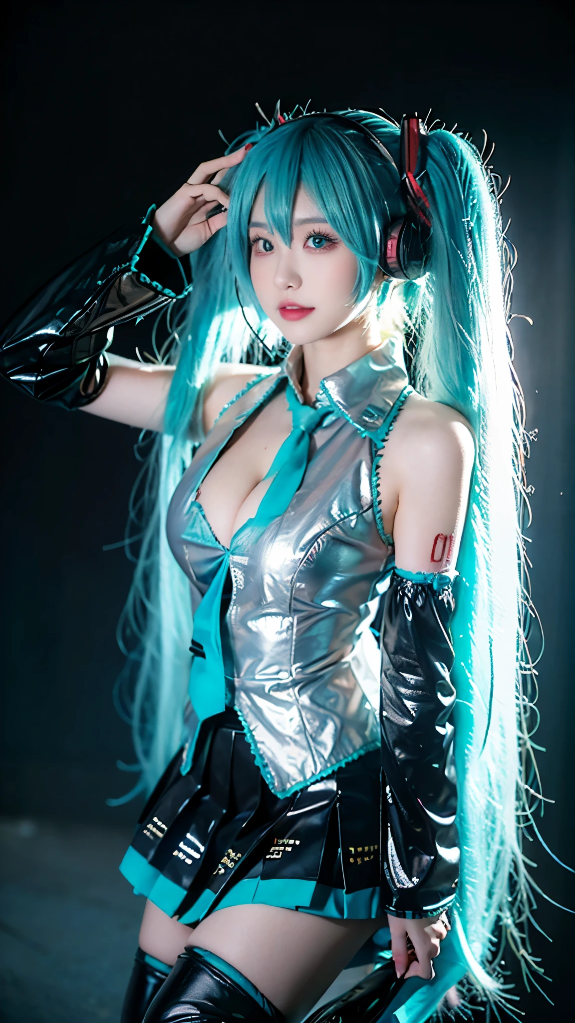 hatsune miku cosplay costume, hatsune miku, cosplay, aqua hair, twintails, very long hair, hair ornament, headphones, headset, shirt, skirt, pleated skirt, necktie, aqua neck tie, detached sleeves, tattoo, thigh boots, ((knee shot)),(masterpiece、best quality、high resolution),((Practical)),(Colored background),(Splash of Color),Sweet girl,Light Blue和白色的长发,(Light Blue, Pink Hair),curls,shining,((Visible cleavage)), ((Type I Valley)), ((E cup)), Red and pink lips,Large cracks,Splash of Color,Volumetric Lighting,Full breasts, Elegant Posture, Sexy slender legs