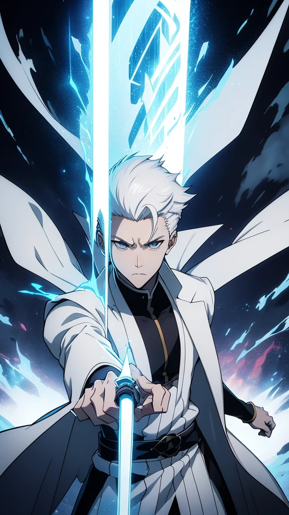 a young man with white hair, confident expression, tall and strong, White coat, black handles, holding a giant sword radiating power, imminet attack, posture of fight, fighting costume, bleach style, best anime character design, animes style, Boy from anime manga, Shonen, Epic anime style, cinematic lighthing, Epic composition, face detailed, detailedeyes, extremely detaild.