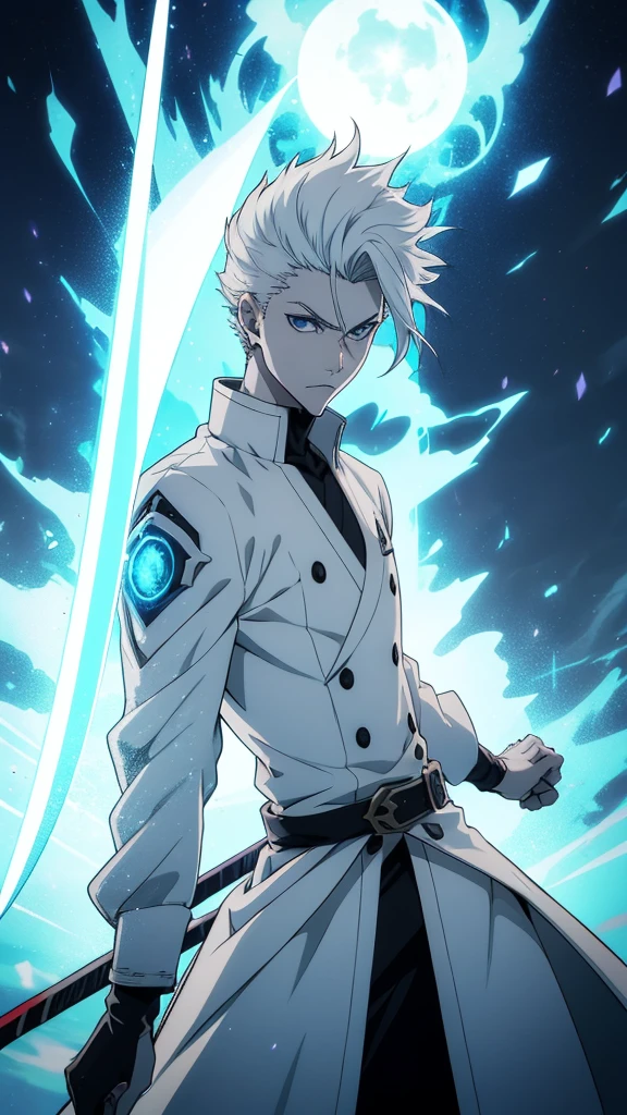 a young man with white hair, confident expression, tall and strong, White coat, black handles, holding a giant sword radiating power, imminet attack, posture of fight, fighting costume, bleach style, best anime character design, animes style, Boy from anime manga, Shonen, Epic anime style, cinematic lighthing, Epic composition, face detailed, detailedeyes, extremely detaild.