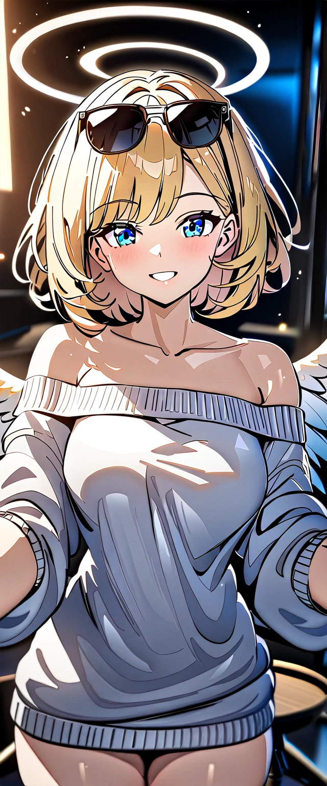 ((angel, big big white wings:1.3, halo:1.3)), ((from below)), (((sunglasses, hand to sunglasses))), (((cowboy shot))), archangel Uriel, ((wavy hair, inward curled hair)), evening, Sunset, ((blond hair, bob cut:1.3)), breasts, ager, (looking at viewer), oversized clothes, puffy long sleeves, ((off-shoulder sweater:1.3, Quite thick shoulder straps)), ((white sweater)), collarbone, head tilt:1.3, (((blue eyes))), ((happy smile)), (((anime style))), (best quality, 4K, 8K, highres, masterpiece:1.2, ultra-detailed, ultra-detailed eyes, HDR, uhd, studio lighting, ultra-fine painting, sharp focus, physically-based rendering, extreme detail description, professional, vivid colors, bokeh)
