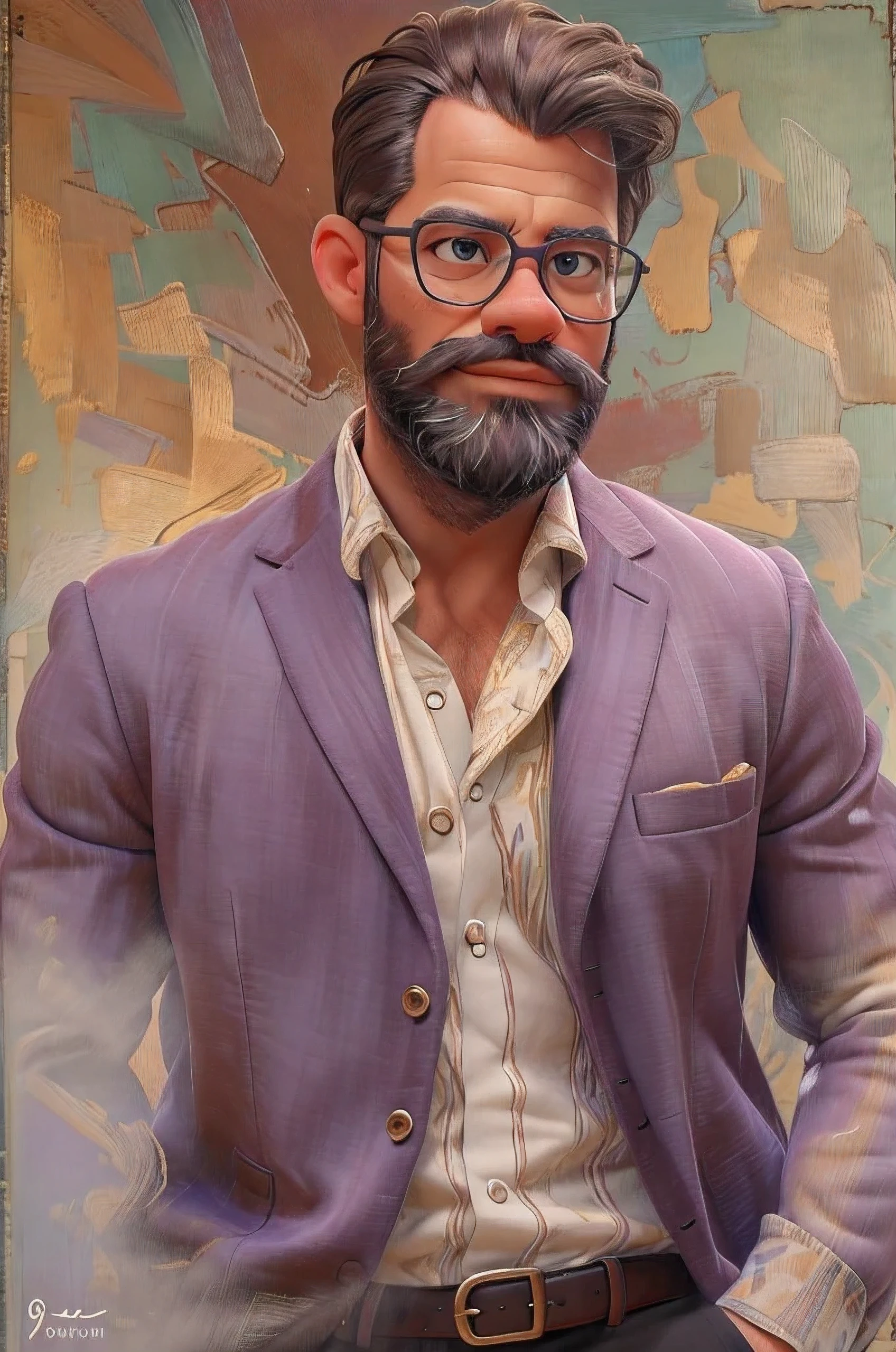 (best quality,4k,8k,highres,masterpiece:1.2),ultra-detailed,(realistic,photorealistic,photo-realistic:1.37),39 year old man,gradient hair,gradient beard,no mustache,strong jawline,sharp features,piercing eyes,intense gaze,distinguished appearance,sophisticated look,wise expression,wisdom and experience,confident smile,stylish outfit,fashionable attire,casual elegance,modern and classy,standing against a colorful abstract background,subtle lighting,soft shadows,rich color palette,vibrant hues,contrasting tones,artistic style,impressionist touch,elegant brushstrokes,texture and depth,realistic rendering,sophisticated details,meticulous attention to facial features,subtle wrinkles and lines,highly defined hair strands,perfectly groomed beard,fine skin texture and pores,detailed clothing folds and patterns,aesthetic composition,balanced and harmonious,fine art quality,painted on a canvas,portrait format,a masterpiece capturing the essence of age and wisdom.