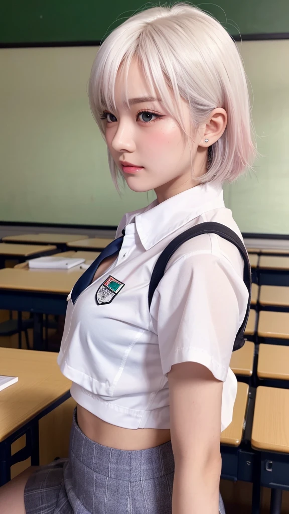 japanese girl, cute, (Highest quality), (Ultra-high resolution), (Realistic), ((classroom)), ultra detailed face, white hair, lipstick, eyeshadow, eyeliner, ((abs)), ((blushing cheek)), Beautiful face in every detail, high school student, short sleeve shirt, ((side view))