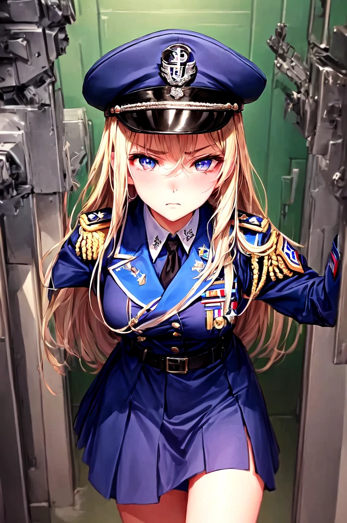 1 girl, sfw, beautiful girl, high quality, 18 years old, dictator, dictator hat, arrogant behave, arrogant, frustrated, outside, public, nazis, angry, (a girl is looking down the viewer), low angle, from below, (a girl disgusting the videwer), narrow eyed