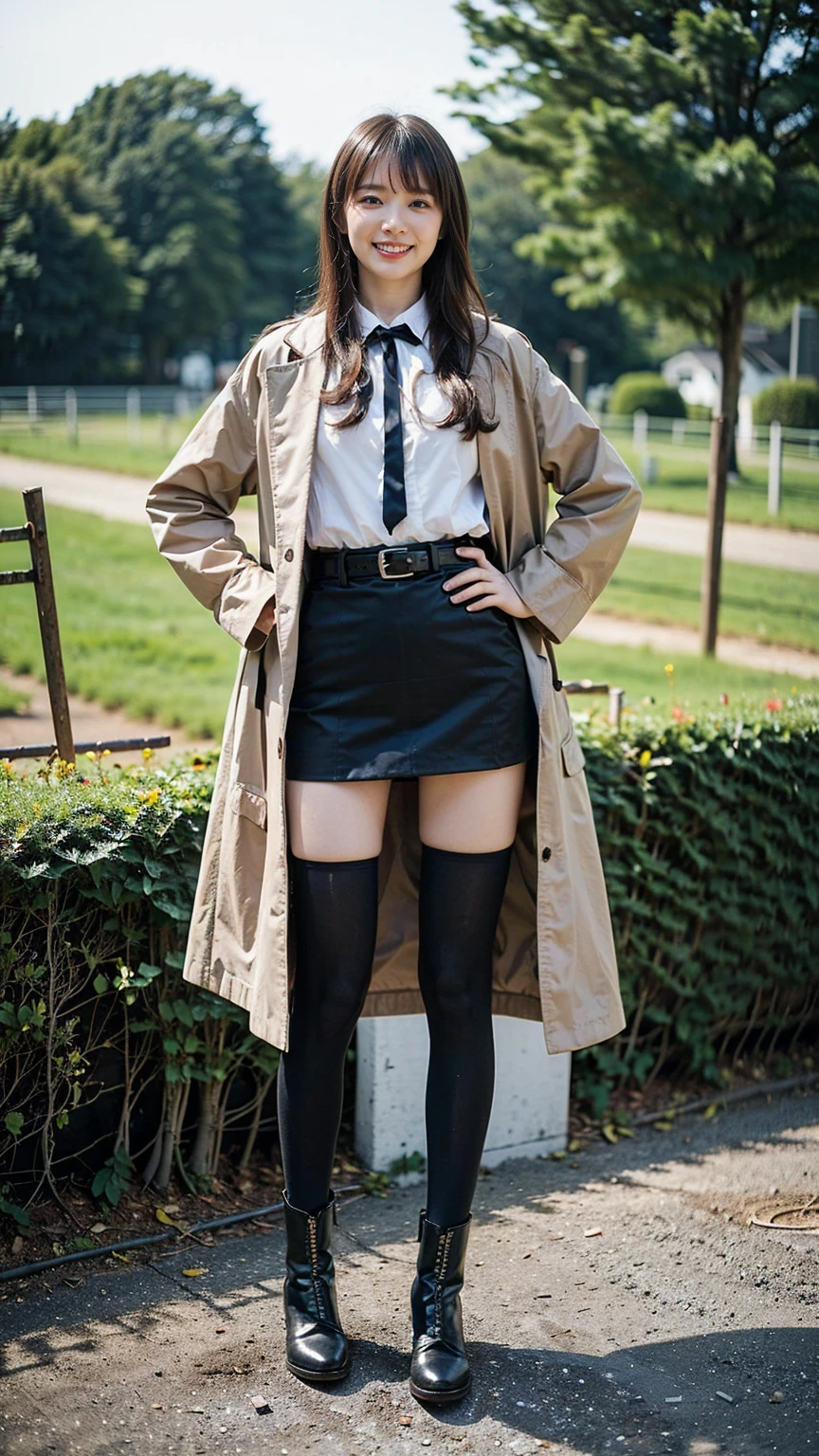 (8K、RAW Photos、Highest quality、masterpiece:1.2)、(Realistic、Realistic)、1 Girl、((mini skirt、coat、black、Thin legs、whole body、boots、one piece、tights、garden、View from the front、smile、Looking into the camera、belt、Stand with hands on hips))、cute
