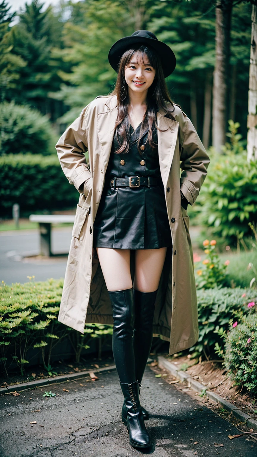 (8K、RAW Photos、Highest quality、masterpiece:1.2)、(Realistic、Realistic)、1 Girl、((mini skirt、coat、black、Thin legs、whole body、boots、one piece、tights、garden、View from the front、smile、Looking into the camera、belt、Stand with hands on hips))、cute