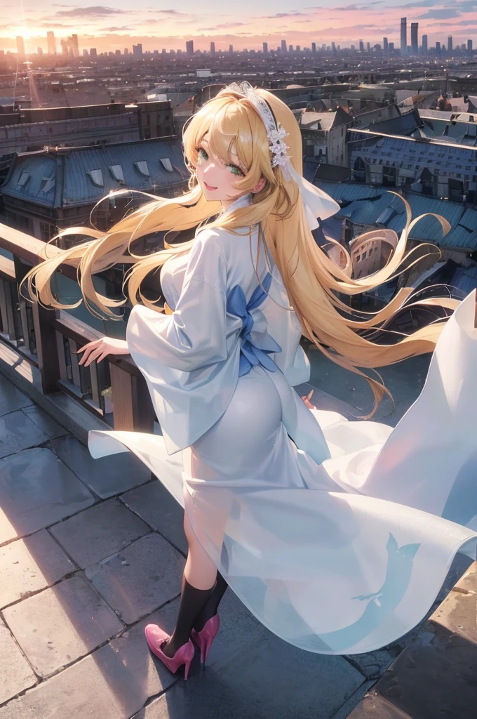 Official Art, masterpiece, Clear focus, (beautiful, Beautiful and cute Korean woman:1.3), (Beautiful and cute Korean:1.3), Korean beauty, 精致beautiful头发、Eyes and face, actual, Super detailed, beautiful女孩, Blue sky, Glowing white particles, (Side Light:1.2), Sunlight, White Cloud, Detailed clouds, Slim, Such a cute big ass, Smile with teeth bared, ((Smile with your eyes, Open your eyes)), landscape, Long straight hair, sexy facial expression, architecture, (city View:1.7), Dynamic Hair, very Long straight hair, Delicate blonde hair, Green Eyes, Pink skirt, Black socks, Pale skin, Hair accessories, epic landscape,，Black high heels，Nice ass，beautiful buttocks，There&#39;s nothing under the skirt.，weight loss