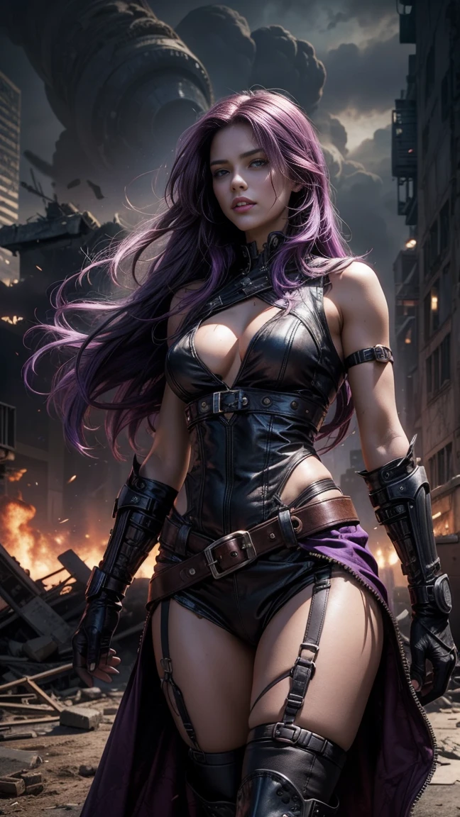 gorgeous woman, Alone, long purple hair, short tunic, realistic, sexy, leather, destroyed city background, ruins, apocalypse, Armageddon, Ready for action, 4k, cinematic lighting, grain, darkness