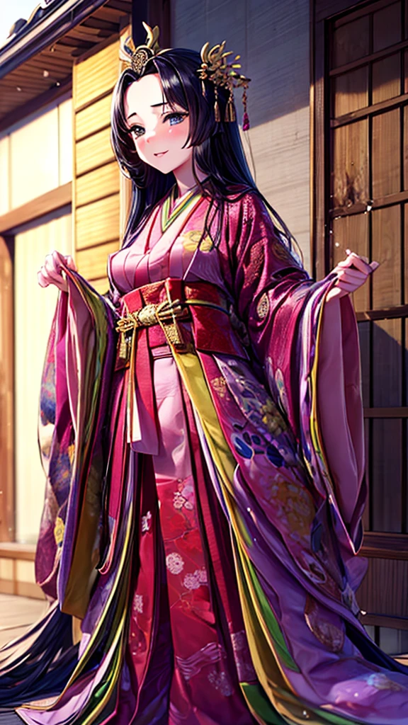 　A beautiful -yeld Jaese princess from the Sengoku period with long black hair　Gorgeous embroidery, Ultra glossy, She is wearing a shiny Edo-period princess kimono.　She is forced to have a penis inserted by an old man in front of her lover　Intense sex　Fluid spurting from her nipples　The old man massages her breasts