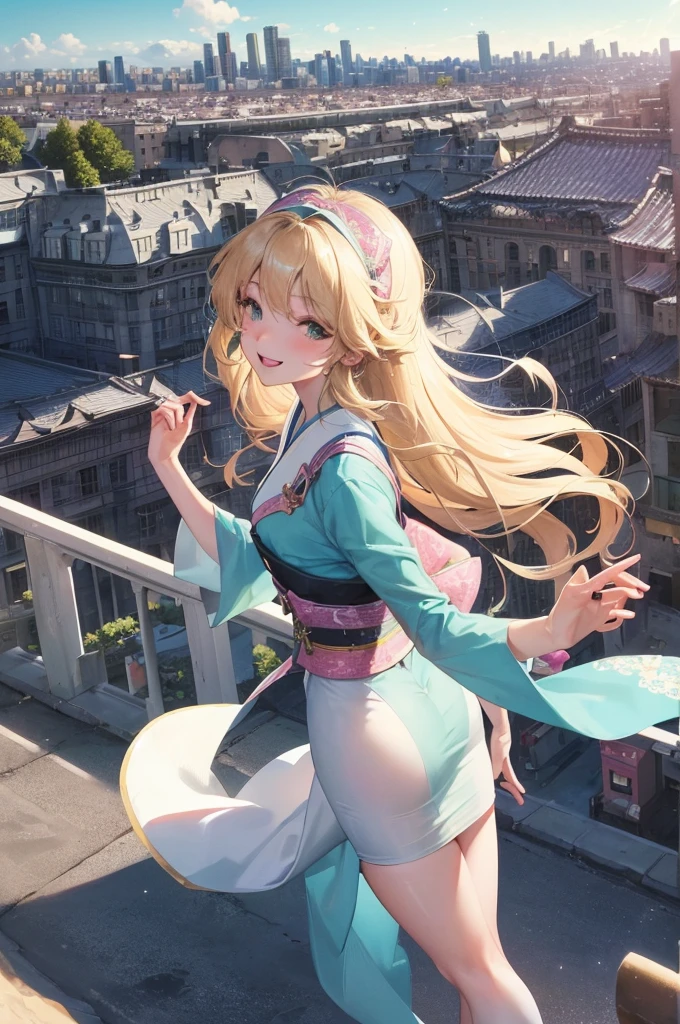 Official Art, masterpiece, Clear focus, (beautiful, Beautiful and cute Korean woman:1.3), (Beautiful and cute Korean:1.3), Korean beauty, 精致beautiful头发、Eyes and face, actual, Super detailed, beautiful女孩, Blue sky, Glowing white particles, (Side Light:1.2), Sunlight, White Cloud, Detailed clouds, Slim, Such a cute big ass, Smile with teeth bared, ((Smile with your eyes, Open your eyes)), landscape, Long straight hair, sexy facial expression, architecture, (city View:1.7), Dynamic Hair, very Long straight hair, Delicate blonde hair, Green Eyes, Pink skirt, Black socks, Pale skin, Hair accessories, epic landscape,,Black high heels,Nice ass,beautiful buttocks,There's nothing under the skirt.,weight loss