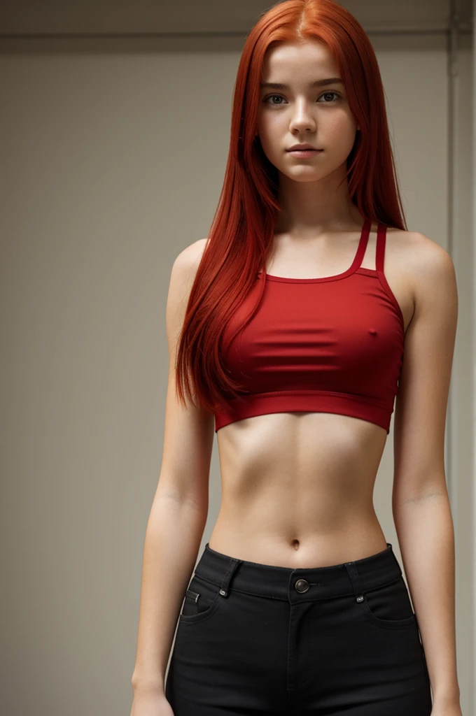 A realistic  girl with red hair in a crop top