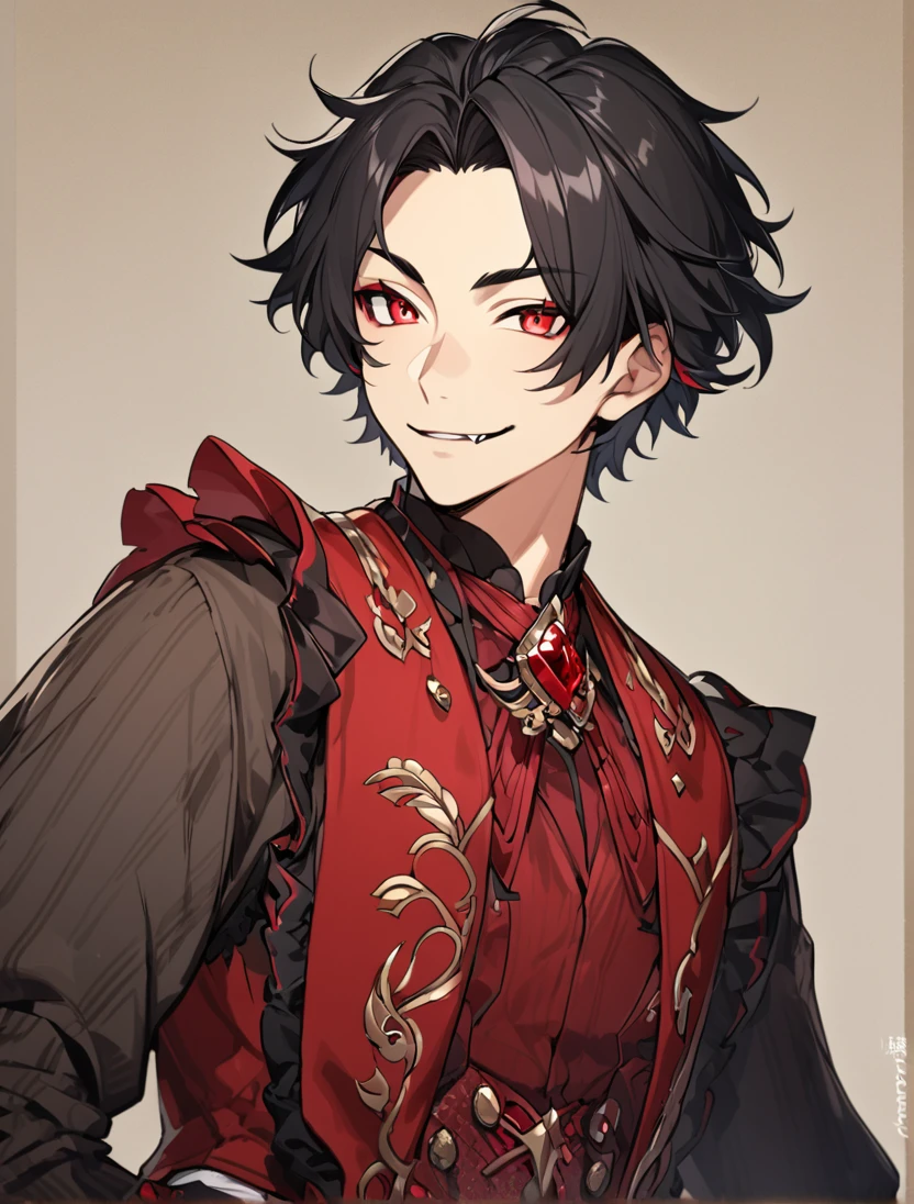 (Black_Hair), (red_ruby_eyes), (Handsome), (attractive), (male), (detailed_eyes), (detailed_hair), (clean_hair), (fierce_smile), (vertical_pupils), (jawline), (wears_old_fashioned_outfit), (in_his_late_s), (short_hair), (two_small_fangs)