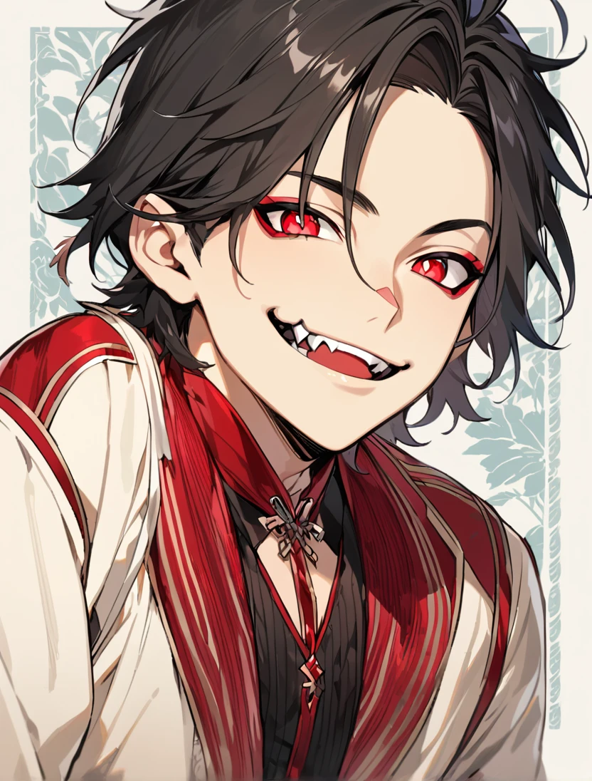 (Black_Hair), (red_ruby_eyes), (Handsome), (attractive), (male), (detailed_eyes), (detailed_hair), (clean_hair), (fierce_smile), (vertical_pupils), (jawline), (wears_old_fashioned_outfit), (in_his_late_teens), (short_hair), (two_small_fangs)