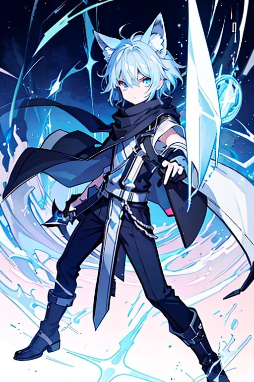 expressive eyes, perfect face, 1boy, solo, (light shade hair, fox tail, fox ears, sky blue hair), azure eyes, young boy, short bangs, big eyes, short hair, undercut, masculine, age boy, fit, flexy, fox tail, arknights design, Himalayan scarf, Scandinavian tunic, boots, knives, knives on both hands, daggers on both hands, front facing, daggers, big eyes, pants, black pants, electric, crackling lightning, fog, fair skin, close jackey, long gloves, teen, teen boy