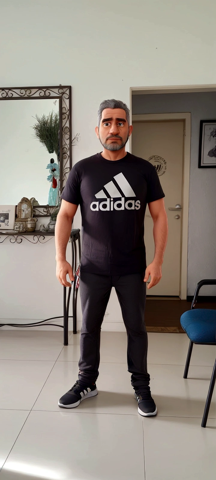 There is a man standing in a room with a mirror, wearing adidas clothes, photo by full body, ele está wearing a tshirt preta, wearing a tshirt e combate, wearing pants and t-shirt, wearing black tee, he is about 40 years old, he is about 40 years old, wearing a tshirt