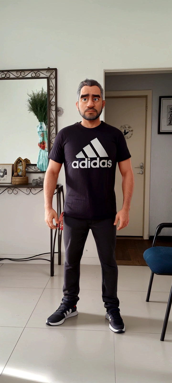 There is a man standing in a room with a mirror, wearing adidas clothes, photo by full body, ele está wearing a tshirt preta, wearing a tshirt e combate, wearing pants and t-shirt, wearing black tee, he is about 40 years old, he is about 40 years old, wearing a tshirt