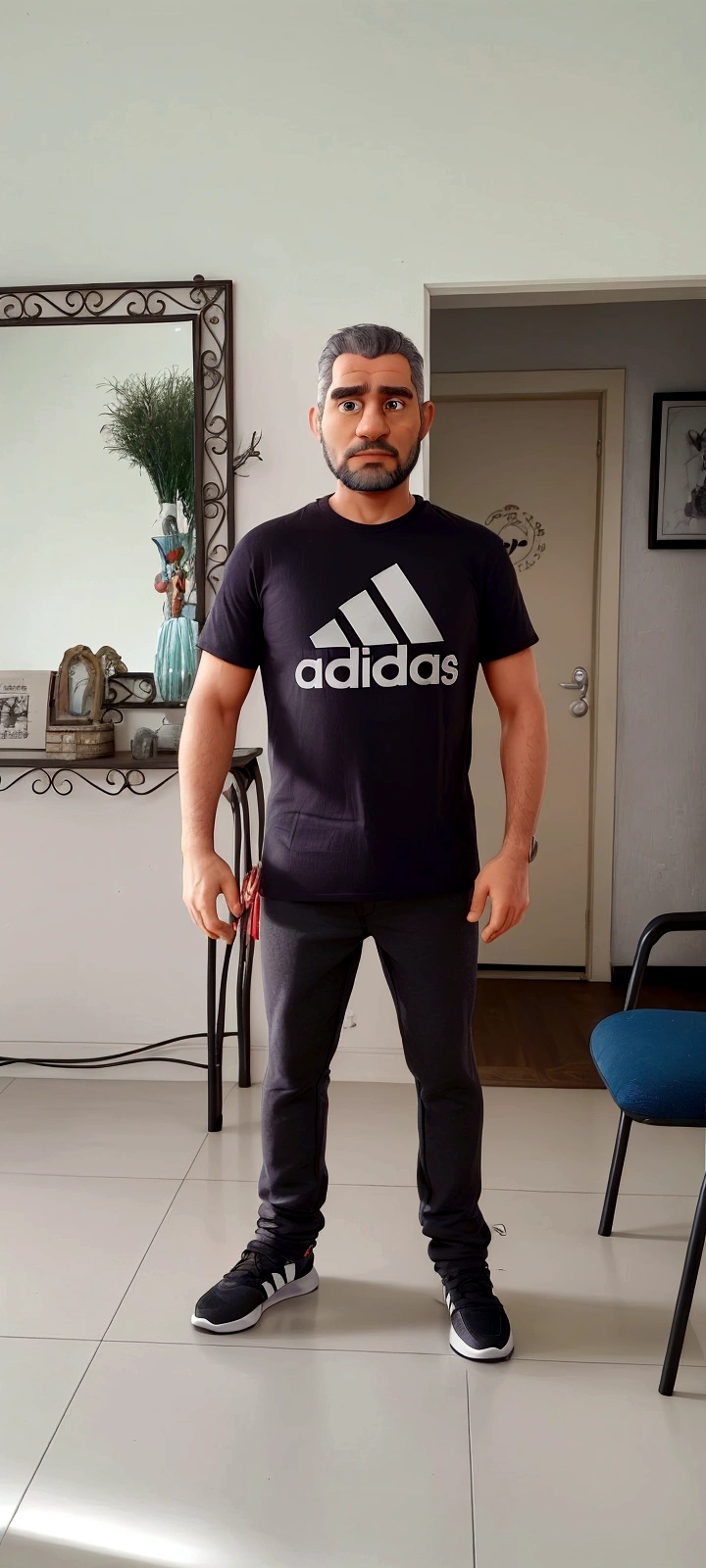 There is a man standing in a room with a mirror, wearing adidas clothes, photo by full body, ele está wearing a tshirt preta, wearing a tshirt e combate, wearing pants and t-shirt, wearing black tee, he is about 40 years old, he is about 40 years old, wearing a tshirt