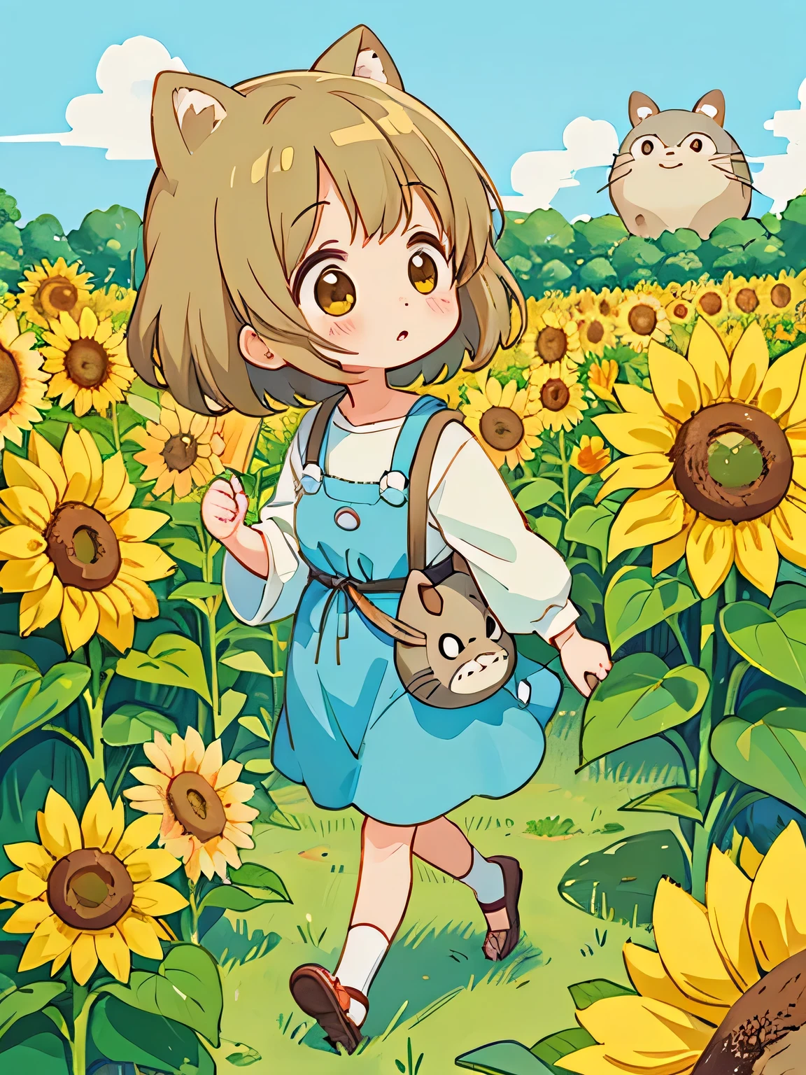 Hayao Mayazaki style, Kawaii Design, The most beautiful girl of all time、Chibi, walking, summer, sunflower, (((ソフトクリーム))), totoro,