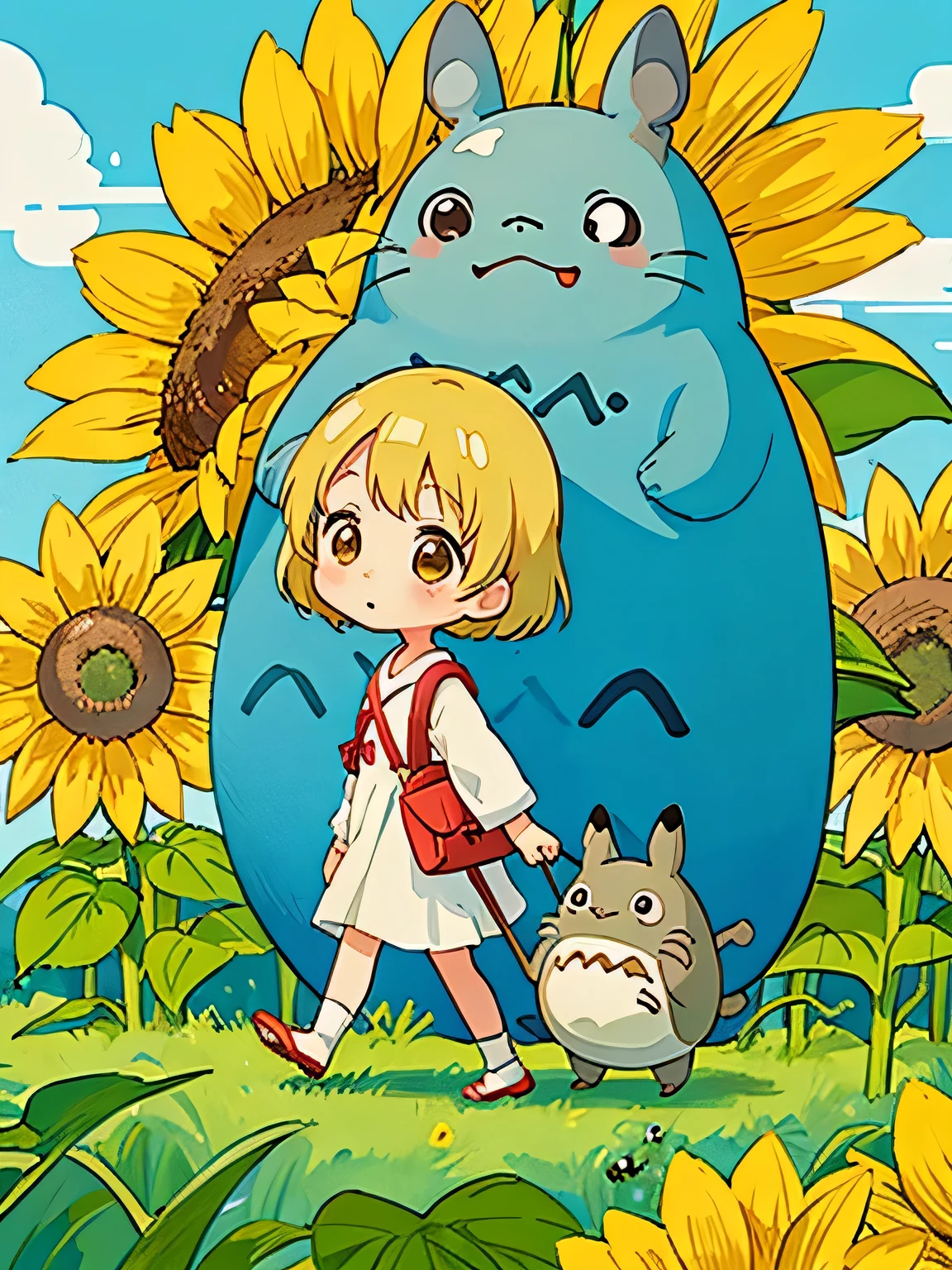 Hayao Mayazaki style, Kawaii Design, The most beautiful girl of all time、Chibi, walking, summer, sunflower, (((ソフトクリーム))), totoro,