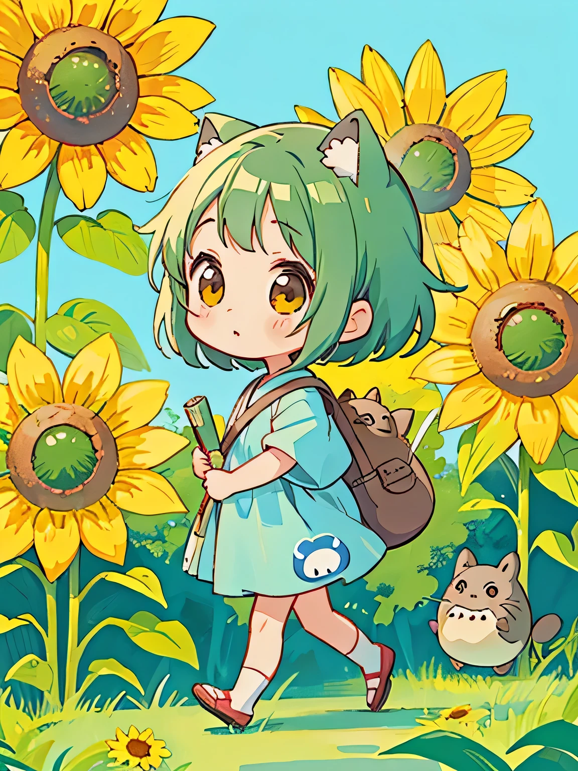 Hayao Mayazaki style, Kawaii Design, The most beautiful girl of all time、Chibi, walking, summer, sunflower, (((ソフトクリーム))), totoro, 