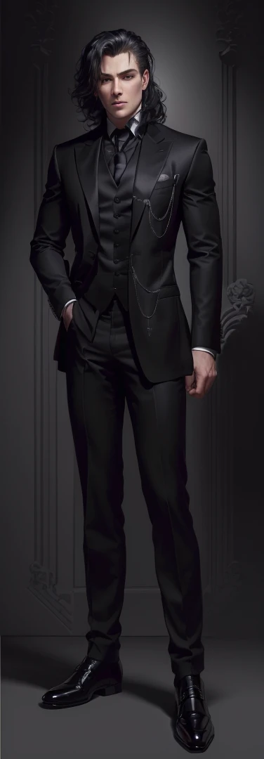 stands with his back to the audience.Man in suit and tie, Dark Costume, albert wesker Full length portrait, Sebastian Michaelis, character Full length portrait, One full-length character, 2 p, 2b, !!Full length portrait!!, full body details, full-length character portrait, Full length portrait, formal black suit. detailed, full-length character portrait