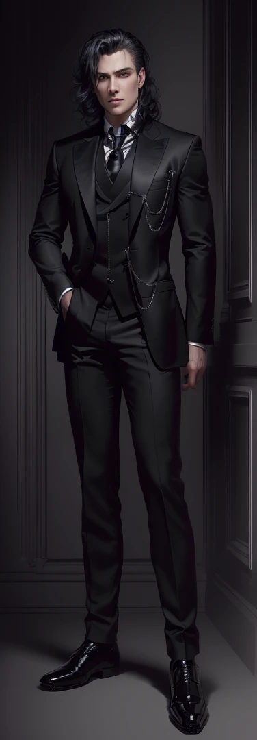 stands with his back to the audience.Man in suit and tie, Dark Costume, albert wesker Full length portrait, Sebastian Michaelis, character Full length portrait, One full-length character, 2 p, 2b, !!Full length portrait!!, full body details, full-length character portrait, Full length portrait, formal black suit. detailed, full-length character portrait